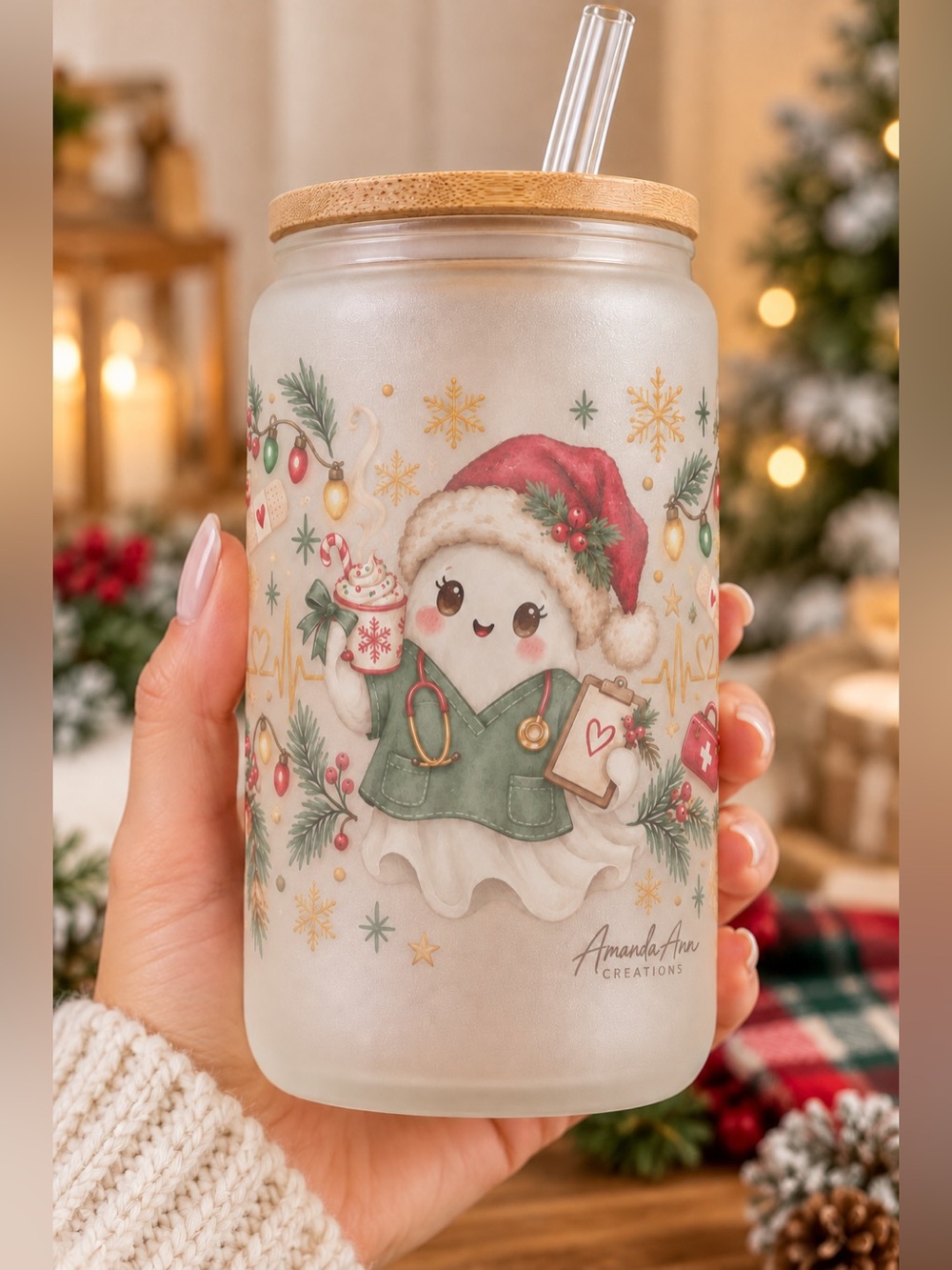 Christmas Nurse Ghost 16 oz Frosted Glass Cup